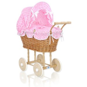 Wicker dolls' pram with pink bedding and padding - natural