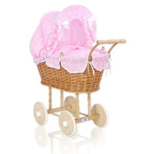 Wicker dolls' pram with pink bedding and padding - natural