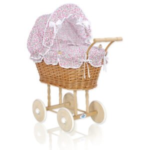 Wicker dolls' pram with pink bedding and padding - natural
