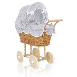 Wicker dolls' pram with grey bedding and padding - natural