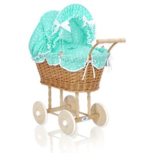 Wicker dolls' pram with mintbedding and padding - natural