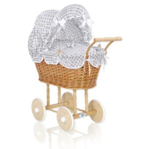 Wicker dolls' pram with grey bedding and padding - natural