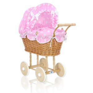Wicker dolls' pram with pink bedding and padding - natural