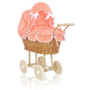 Wicker dolls' pram with peach bedding and padding - natural