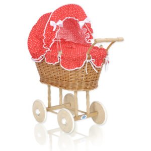 Wicker dolls' pram with red bedding and padding - natural