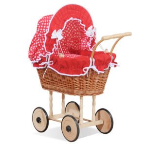 Wicker dolls' pram with red bedding and padding - natural
