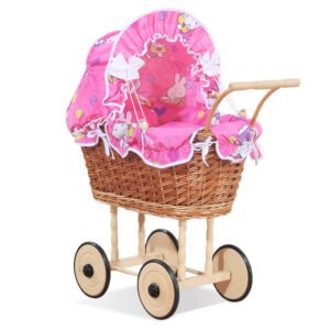 Wicker dolls' pram with pink bedding and padding - natural