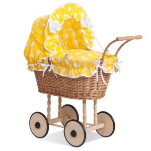Wicker dolls' pram with yellow bedding and padding - natural