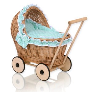 Wicker doll pushchair with mint bedding and soft padding - natural