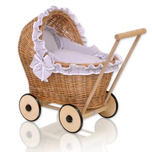 Wicker doll pushchair with grey bedding and soft padding - natural