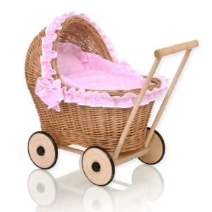 Wicker doll pushchair with pink bedding and soft padding - natural