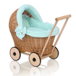 Wicker doll pushchair with mint bedding and soft padding - natural