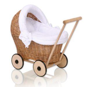 Wicker doll pushchair with white bedding and soft padding - natural