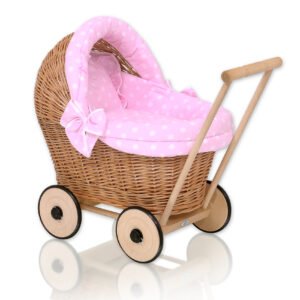 Wicker doll pushchair with pink bedding and soft padding - natural