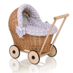 Wicker doll pushchair with grey bedding and soft padding - natural