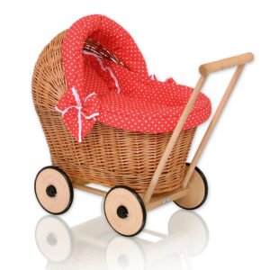 Wicker doll pushchair with red bedding and soft padding - natural