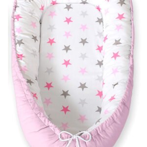 Baby nest double-sided Premium Cocoon for infants BOBONO- gray-pink stars/ gray