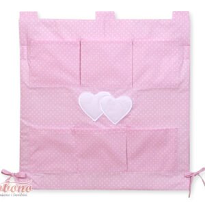Cot tidy- Hanging Hearts white polka dots on pink