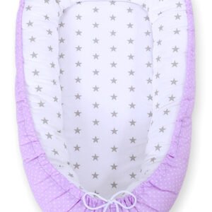 Baby nest double-sided Premium Cocoon for infants BOBONO- white polka dotd on lilac/ grey stars