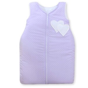 Sleeping bag- Hanging hearts white polka dost on lilac