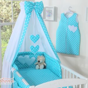 Canopy made of fabric- Hanging Hearts white dots on turquoise