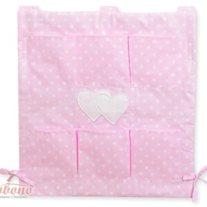 Cot tidy- Hanging Hearts white dots on pink