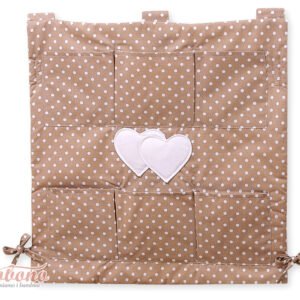 Cot tidy- Hanging Hearts white dots on brown