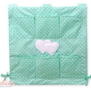 Cot tidy- Hanging Hearts white dots on mint