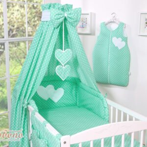 Canopy made of fabric- Hanging Hearts white dots on mint