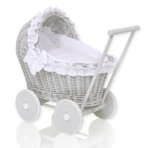 Wicker doll pushchair grey with white bedding and soft padding