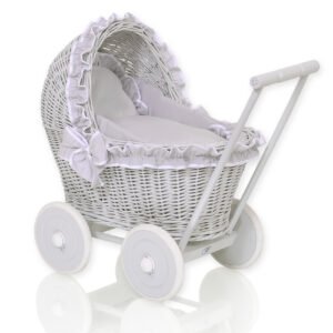Wicker doll pushchair grey with grey bedding and soft padding