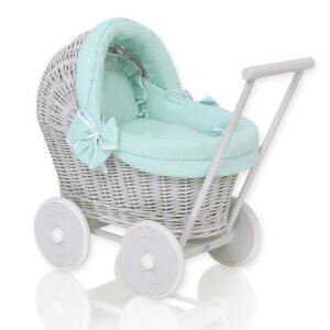Wicker doll pushchair grey with mint bedding and soft padding