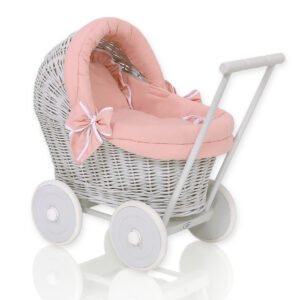 Wicker doll pushchair grey with old pink bedding and soft padding