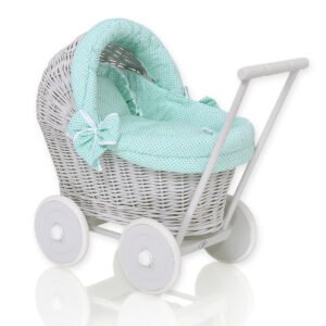 Wicker doll pushchair grey with mint bedding and soft padding