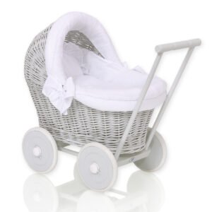 Wicker doll pushchair grey with white bedding and soft padding