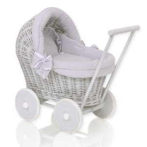 Wicker doll pushchair grey with grey bedding and soft padding