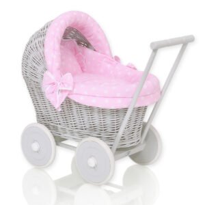 Wicker doll pushchair grey with pink bedding and soft padding