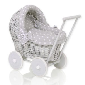 Wicker doll pushchair grey with grey bedding and soft padding
