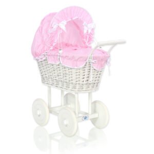 Wicker dolls' pram with pink bedding and padding - white