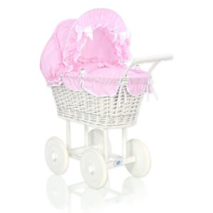 Wicker dolls' pram with pink bedding and padding - white