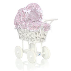 Wicker dolls' pram with pink bedding and padding - white