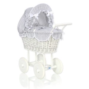 Wicker dolls' pram with grey bedding and padding - white