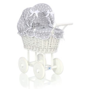 Wicker dolls' pram with grey bedding and padding - white