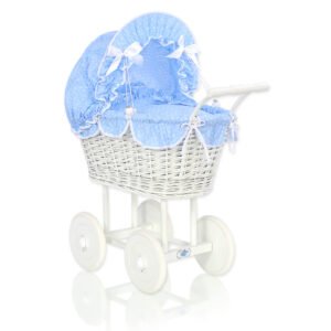 Wicker dolls' pram with blue bedding and padding - white