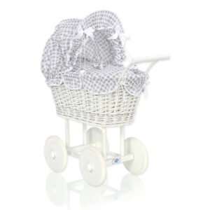Wicker dolls' pram with grey bedding and padding - white