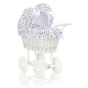 Wicker dolls' pram with white-black bedding and padding - white