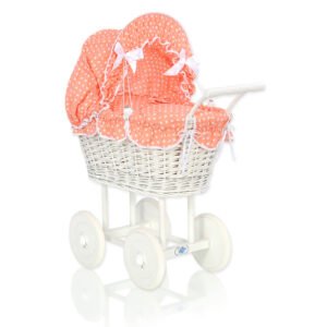 Wicker dolls' pram with peach bedding and padding - white