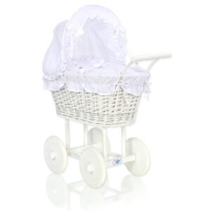 Wicker dolls' pram with white bedding and padding - white
