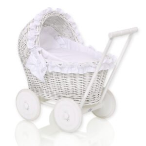 Wicker doll pushchair white with white bedding and soft padding