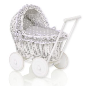Wicker doll pushchair white with grey bedding and soft padding